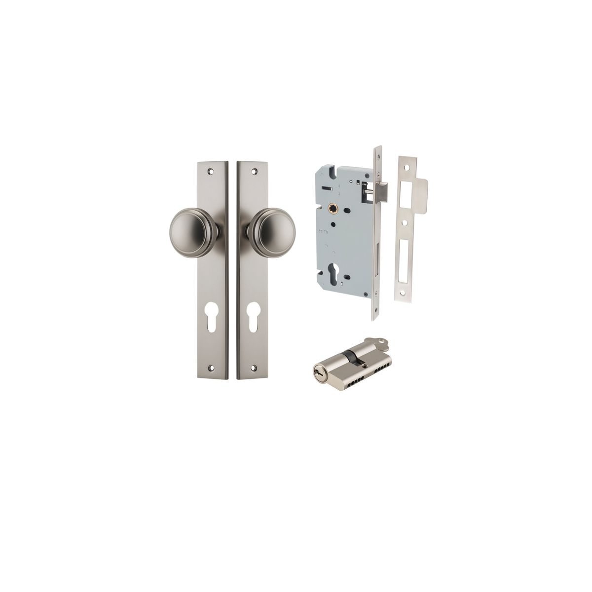 14820KENTR60KK - Paddington Knob - Rectangular Backplate Entrance Kit with High Security Lock - Satin Nickel - Entrance