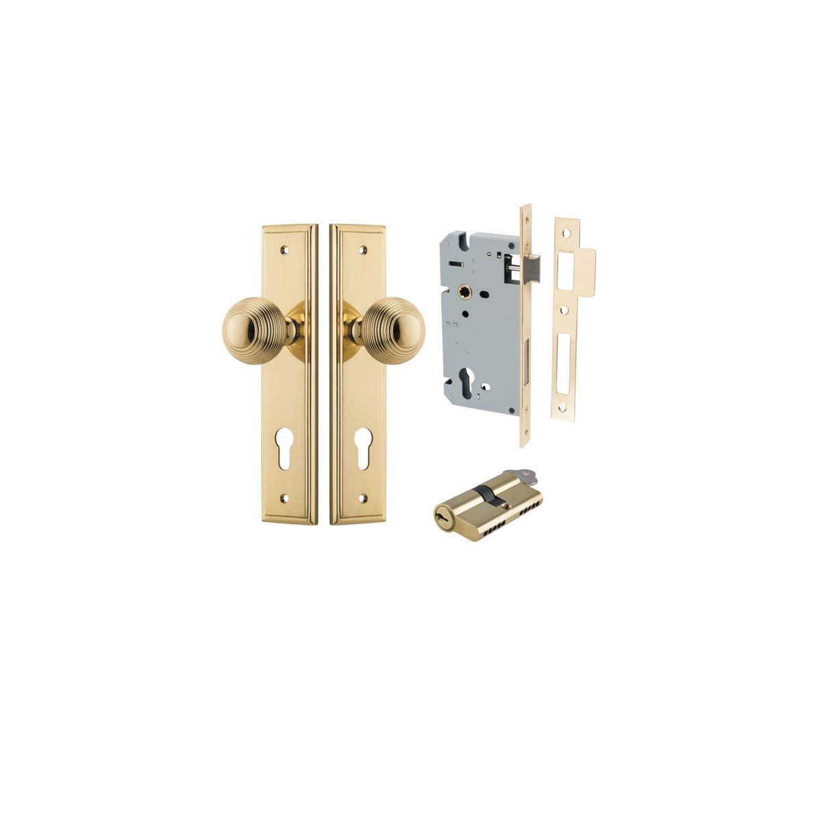 10342KENTR60KK - Guildford Knob - Stepped Backplate Entrance Kit with High Security Lock - Polished Brass - Entrance