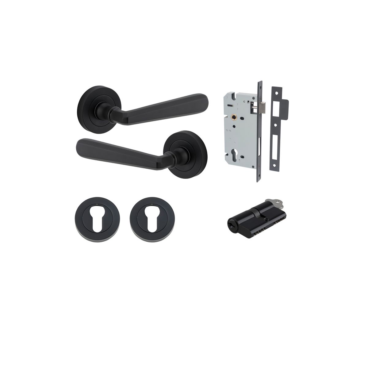 20803KENTR60KK - Copenhagen Lever - Round Rose Entrance Kit with Separate High Security Lock - Matt Black - Entrance