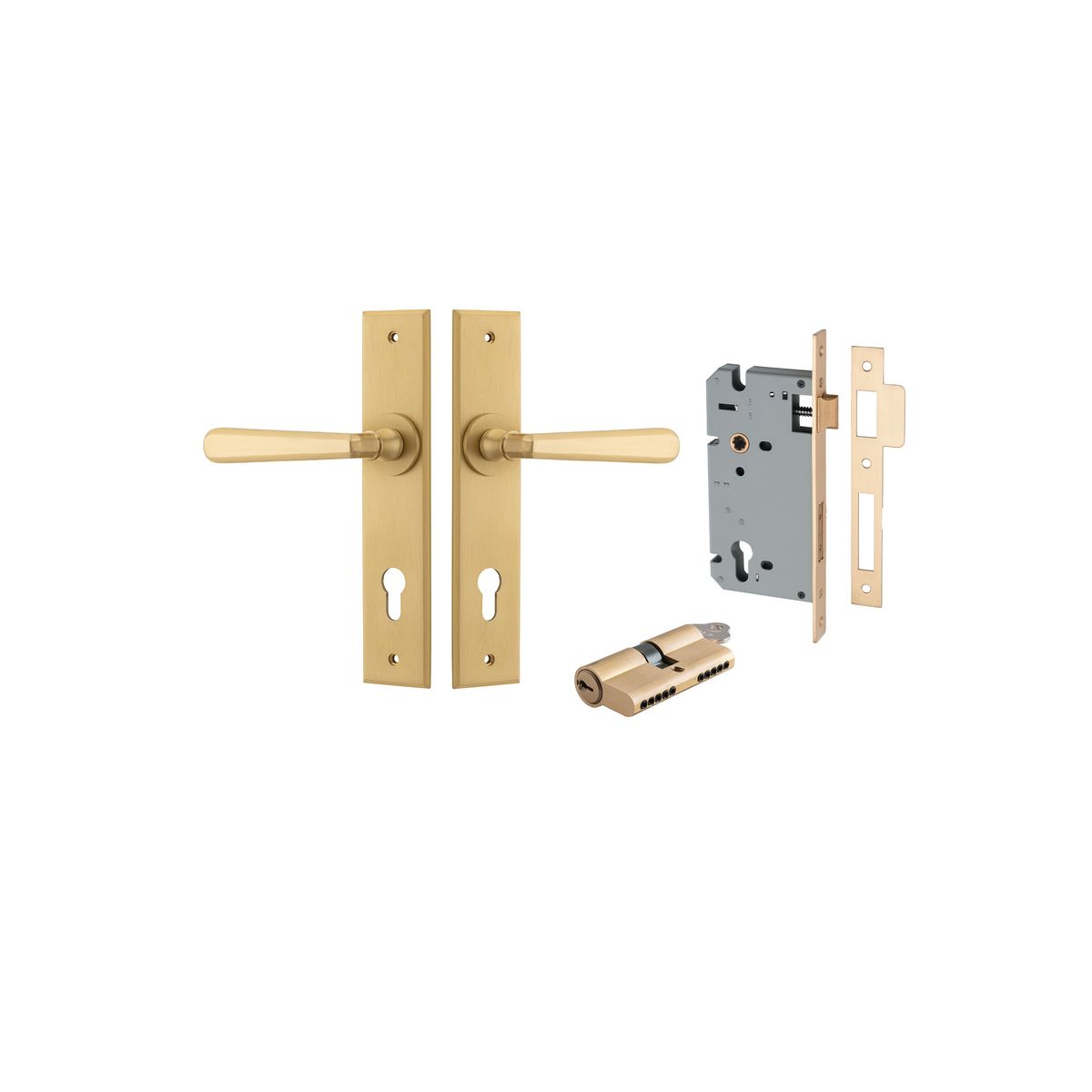 15380KENTR60KK - Copenhagen Lever - Chamfered Backplate Entrance Kit with High Security Lock - Brushed Brass - Entrance