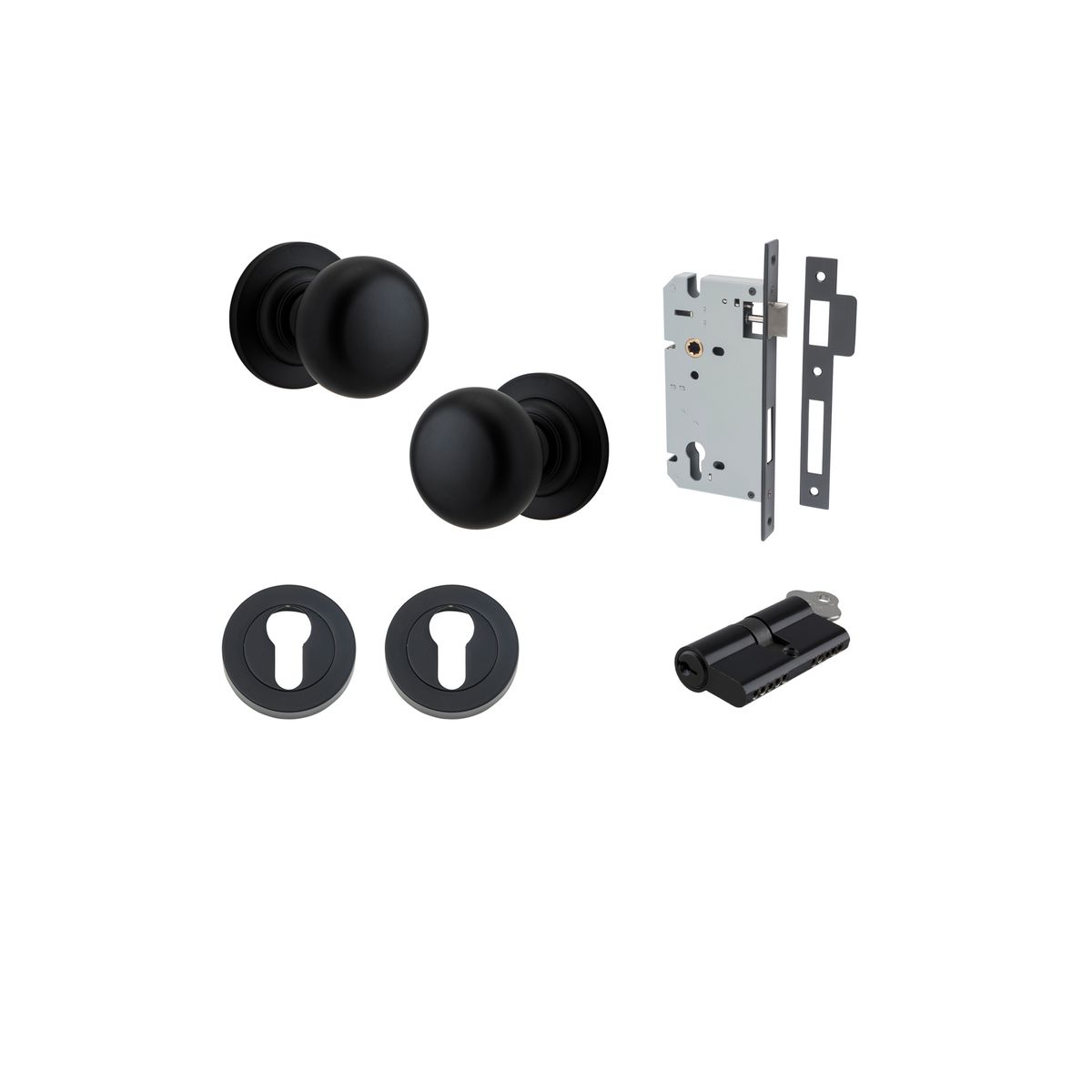 0203KENTR60KK - Cambridge Knob - Round Rose Entrance Kit with Separate High Security Lock - Matt Black - Entrance