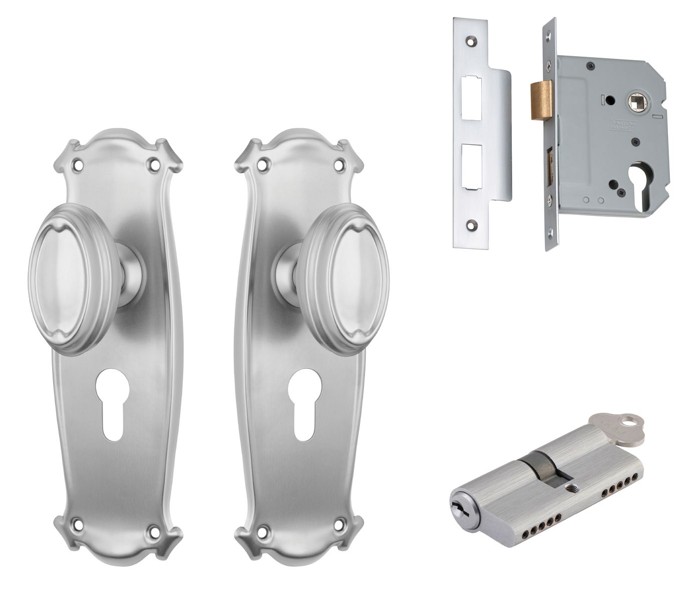 Bungalow Door Knob - Long Backplate Entrance Set with High Security Lock