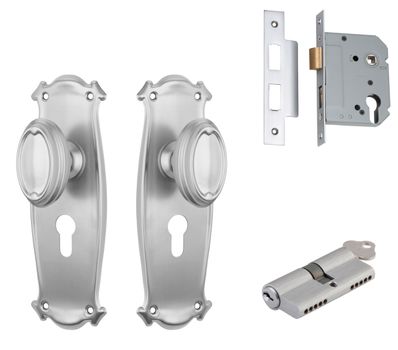 Bungalow Door Knob - Long Backplate Entrance Set with High Security Lock