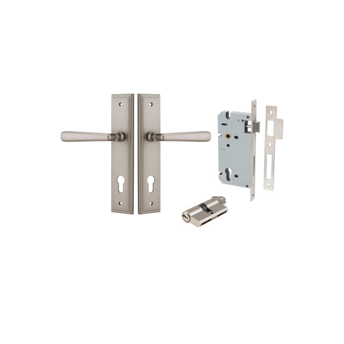 14878KENTR60KK - Copenhagen Lever - Stepped Backplate Entrance Kit with High Security Lock - Satin Nickel - Entrance
