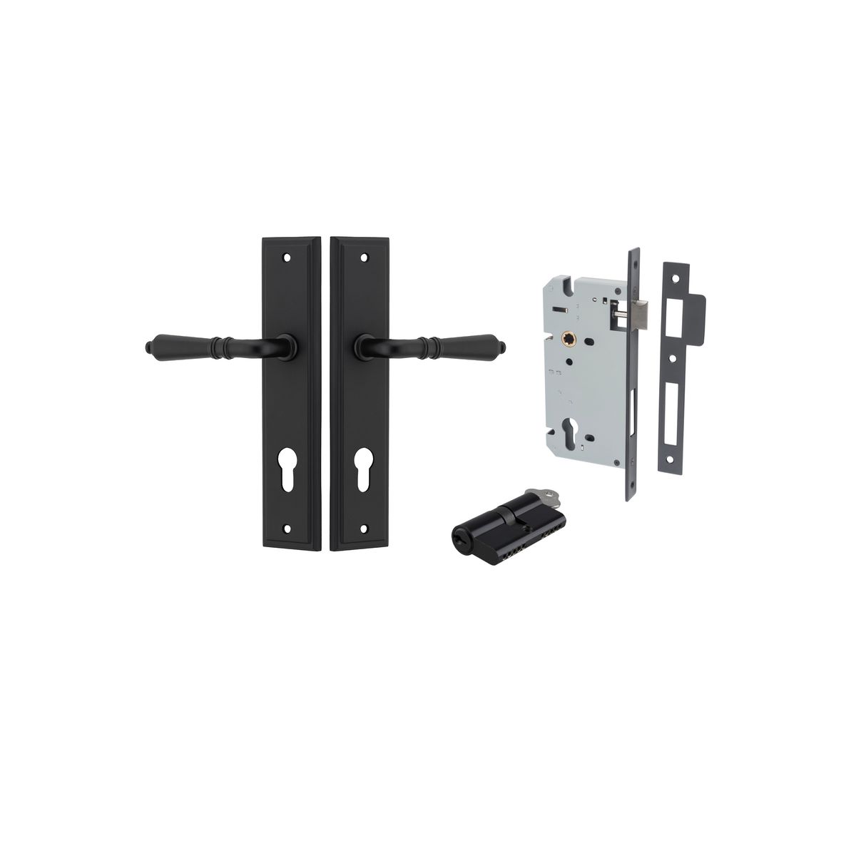 12736KENTR60KK - Sarlat Lever - Stepped Backplate Entrance Kit with High Security Lock - Matt Black - Entrance