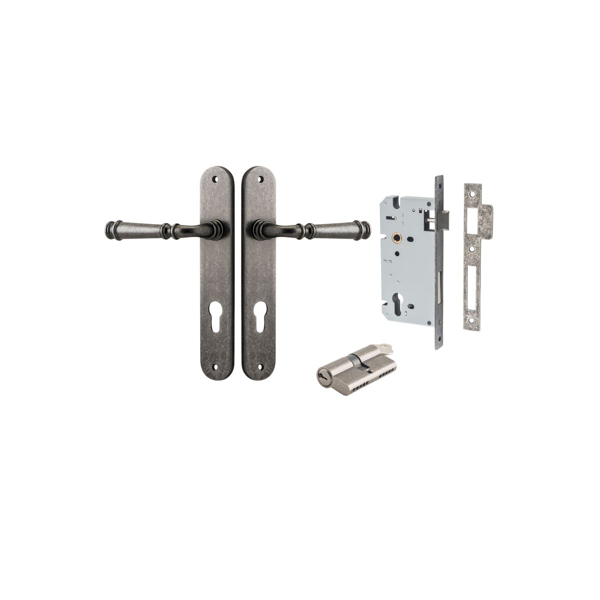 13730KENTR60KK - Verona Lever - Oval Backplate Entrance Kit with High Security Lock - Distressed Nickel - Entrance