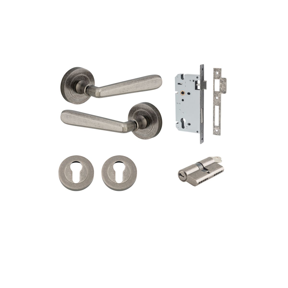20807KENTR60KK - Copenhagen Lever - Round Rose Entrance Kit with Separate High Security Lock - Distressed Nickel - Entrance