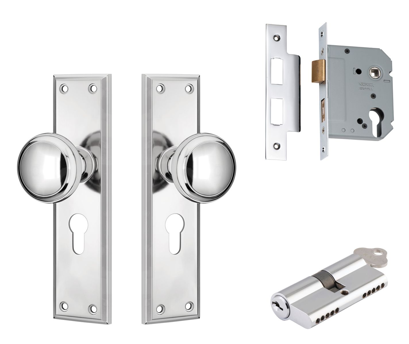 Milton Door Knob - Long Backplate Entrance Set with High Security Lock