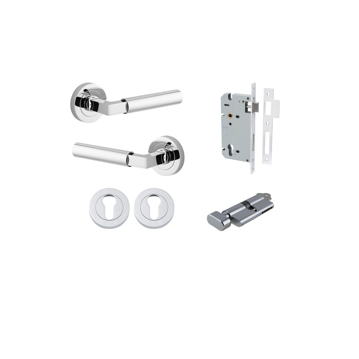 0344KENTR60KT - Berlin Lever - Round Rose Entrance Kit with High Security Lock - Polished Chrome - Entrance