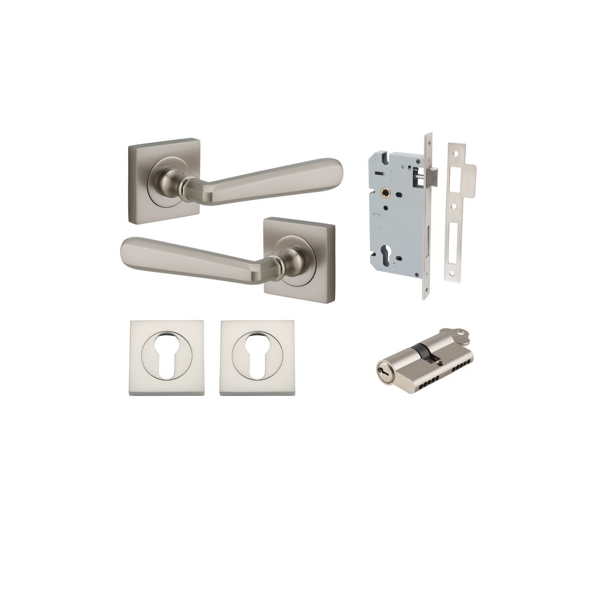 21199KENTR60KK - Copenhagen Lever - Square Rose Entrance Kit with Separate High Security Lock - Satin Nickel - Entrance