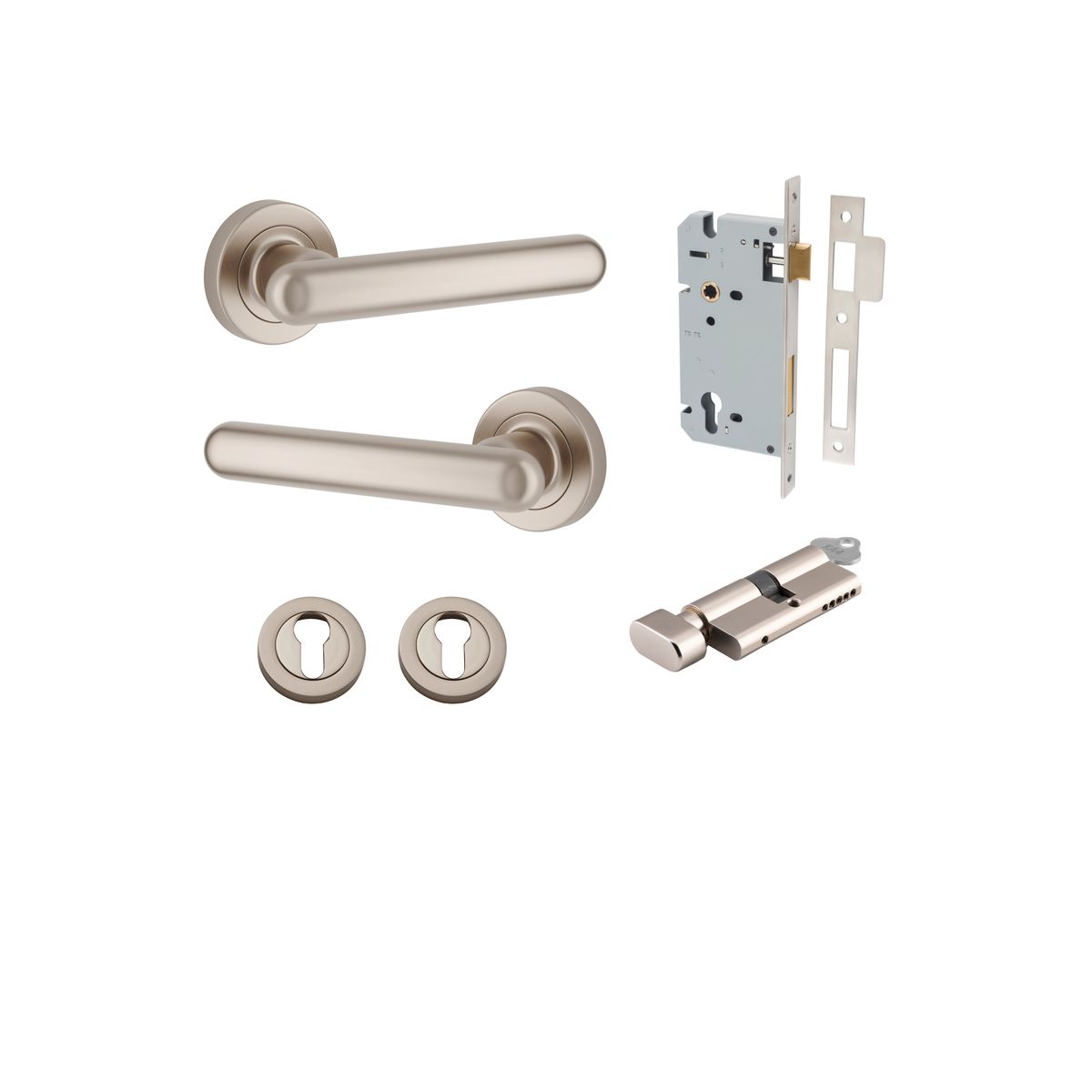 24005KENTR60KT - Puerto Lever - Round Rose Entrance Kit with Separate High Security Lock - Satin Nickel - Entrance