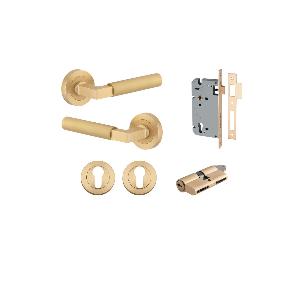 0453KENTR60KK - Berlin Lever - Round Rose Entrance Kit with High Security Lock - Brushed Brass - Entrance