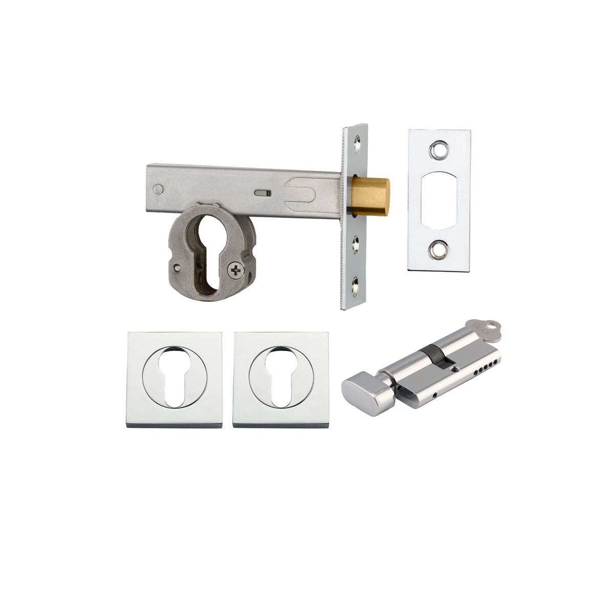 22154K60KTES - Euro Mortice Deadbolt Kit - 60mm Backset with Square Euro Escutcheon Key/Thumb - Polished Chrome - Entrance