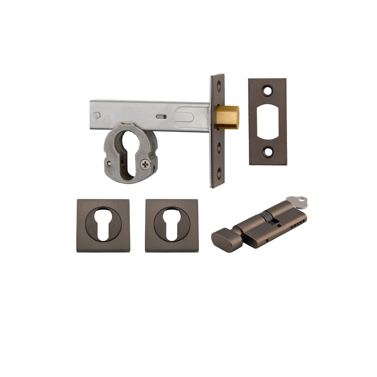 22150K60KTES - Euro Mortice Deadbolt Kit - 60mm Backset with Square Euro Escutcheon Key/Thumb - Signature Brass - Entrance