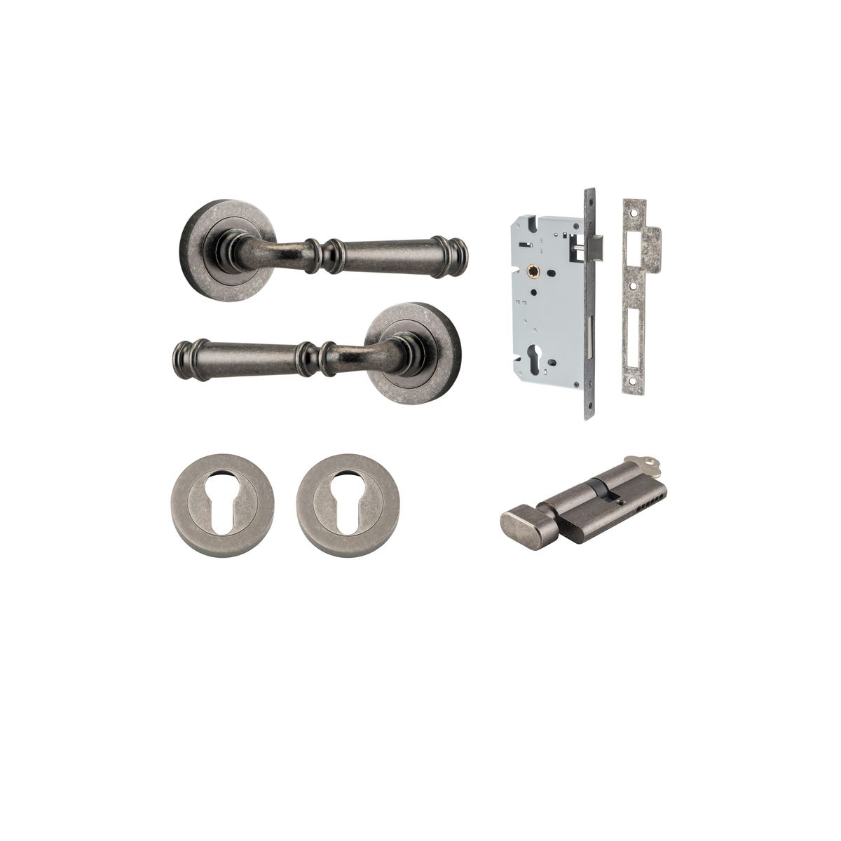 0317KENTR60KT - Verona Lever - Round Rose Entrance Kit with Separate High Security Lock - Distressed Nickel - Entrance