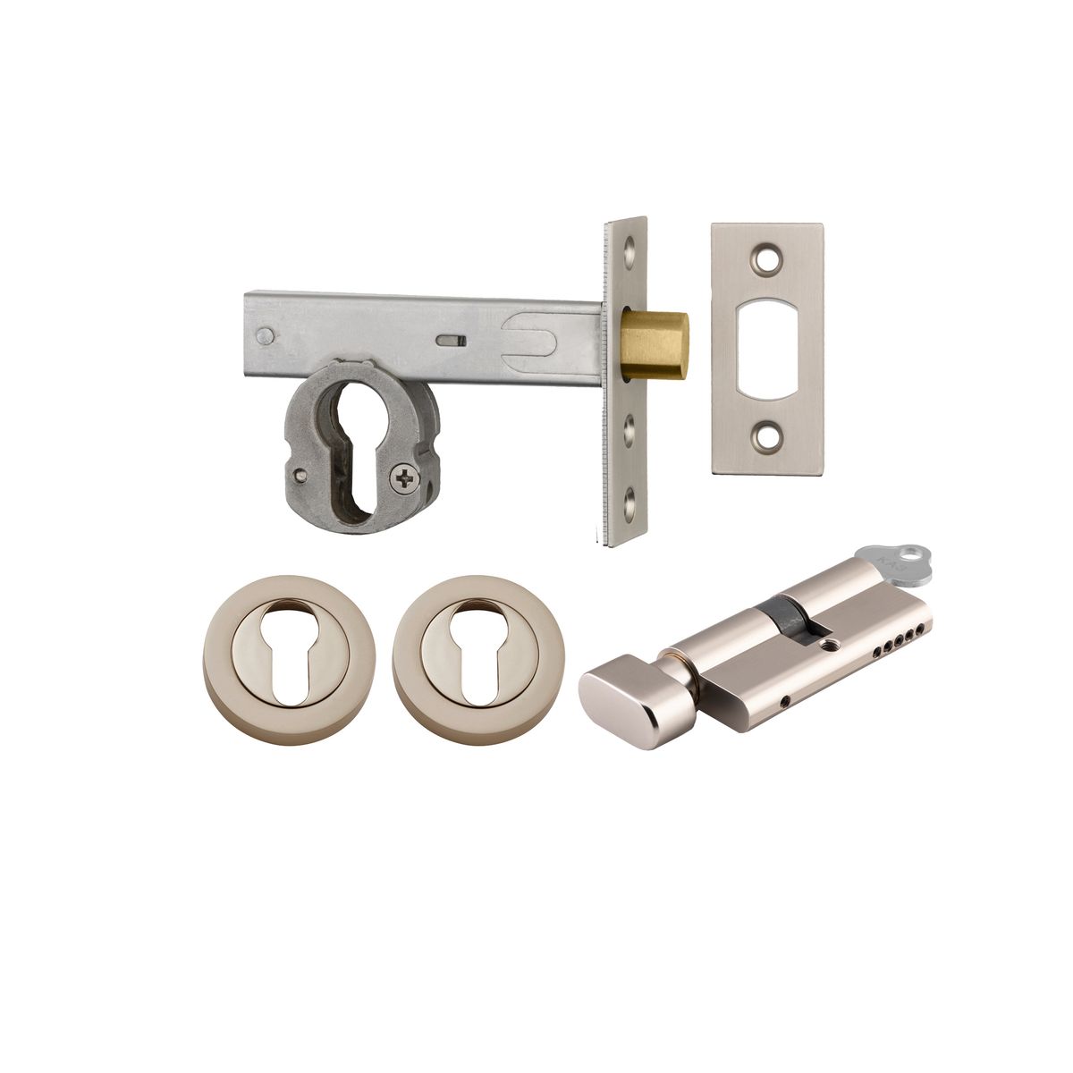 22557K70KTER - Euro Mortice Deadbolt Kit - 70mm Backset with Round Euro Escutcheon Key/Thumb - Satin Nickel - Entrance