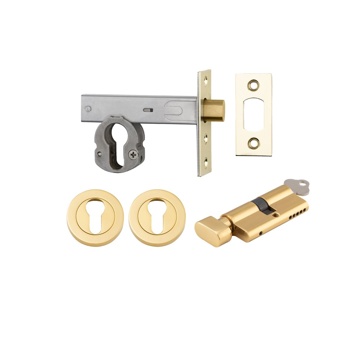 22556K70KTER - Euro Mortice Deadbolt Kit - 70mm Backset with Round Euro Escutcheon Key/Thumb - Polished Brass - Entrance