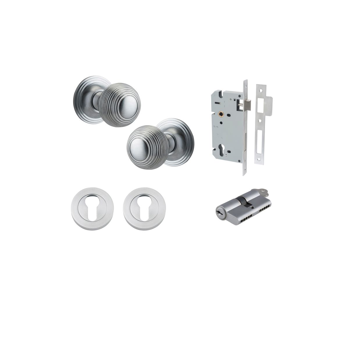 0225KENTR60KK - Guildford Knob - Round Rose Entrance Kit with Separate High Security Lock - Brushed Chrome - Entrance