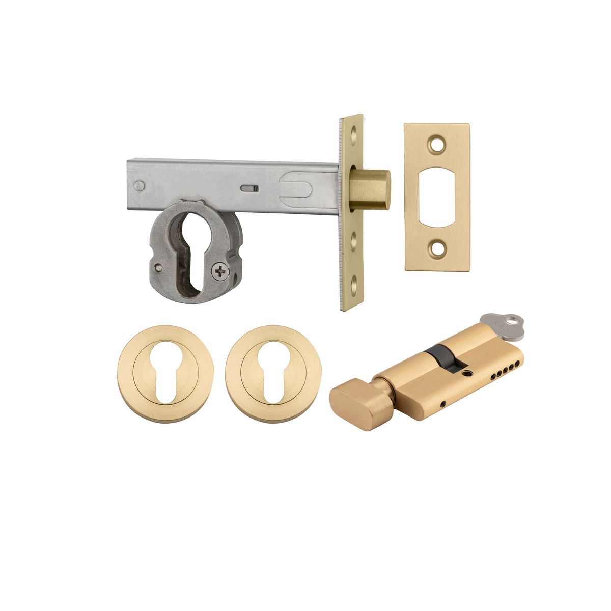 22560K70KTER - Euro Mortice Deadbolt Kit - 70mm Backset with Round Euro Escutcheon Key/Thumb - Brushed Gold PVD - Entrance