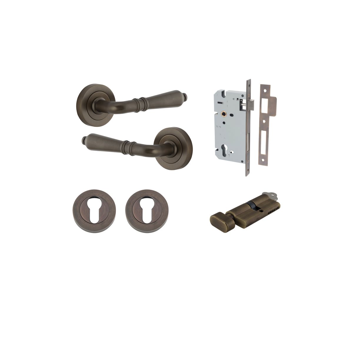 9201KENTR60KT - Sarlat Lever - Round Rose Entrance Kit with Separate High Security Lock - Signature Brass - Entrance