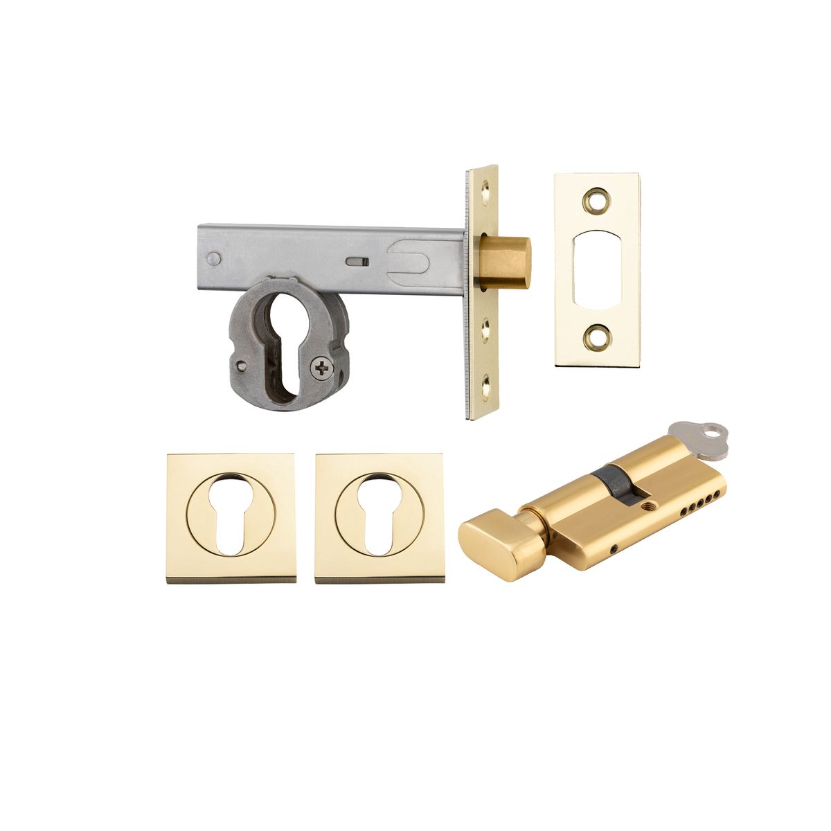 22156K60KTES - Euro Mortice Deadbolt Kit - 60mm Backset with Square Euro Escutcheon Key/Thumb - Polished Brass - Entrance