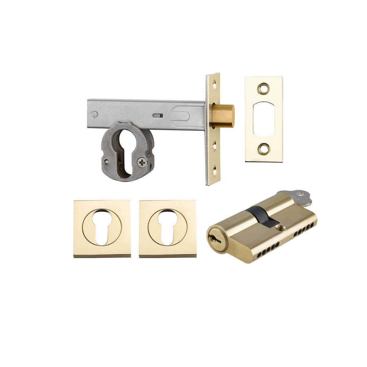 22156K60KKES - Euro Mortice Deadbolt Kit - 60mm Backset with Square Euro Escutcheon Key/Key - Polished Brass - Entrance