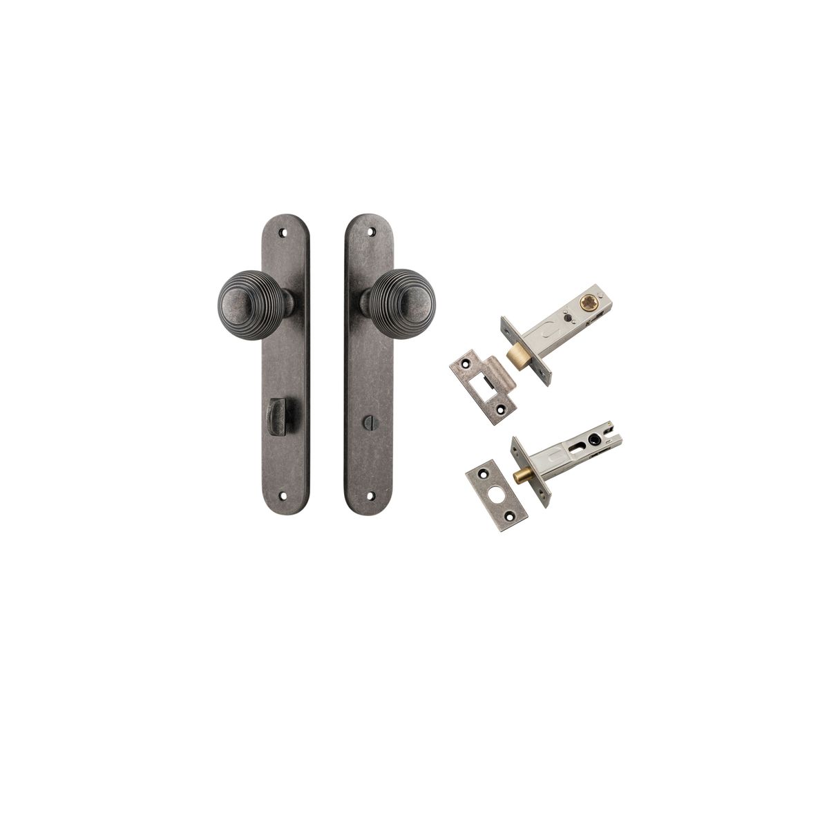 13836KPRIV60 - Guildford Knob - Oval Backplate Privacy Kit with Privacy Turn - Distressed Nickel - Privacy