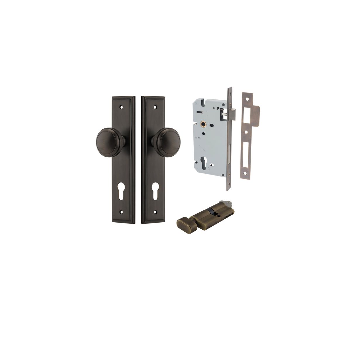 10838KENTR60KT - Paddington Knob - Stepped Backplate Entrance Kit with High Security Lock - Signature Brass - Entrance