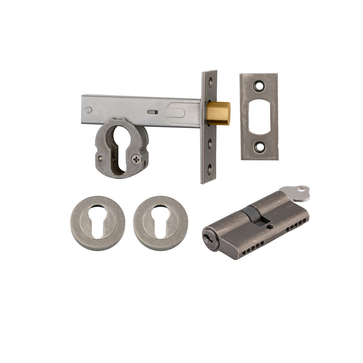 22159K60KKER - Euro Mortice Deadbolt Kit - 60mm Backset with Round Euro Escutcheon Key/Key - Distressed Nickel - Entrance