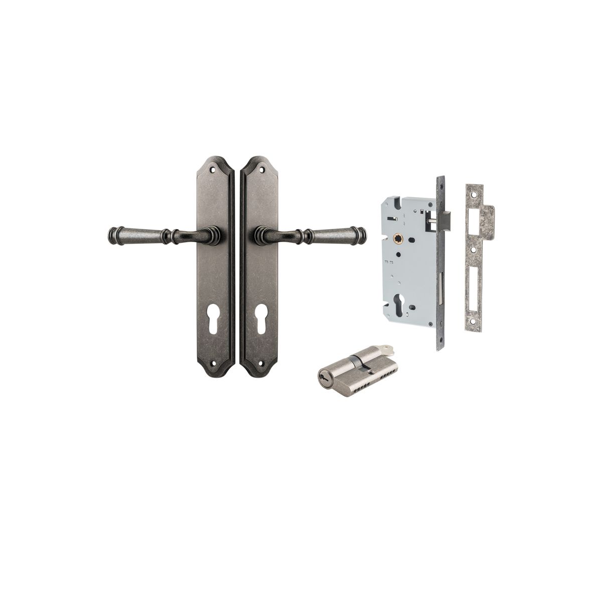 13718KENTR60KK - Verona Lever - Shouldered Backplate Entrance Kit with High Security Lock - Distressed Nickel - Entrance