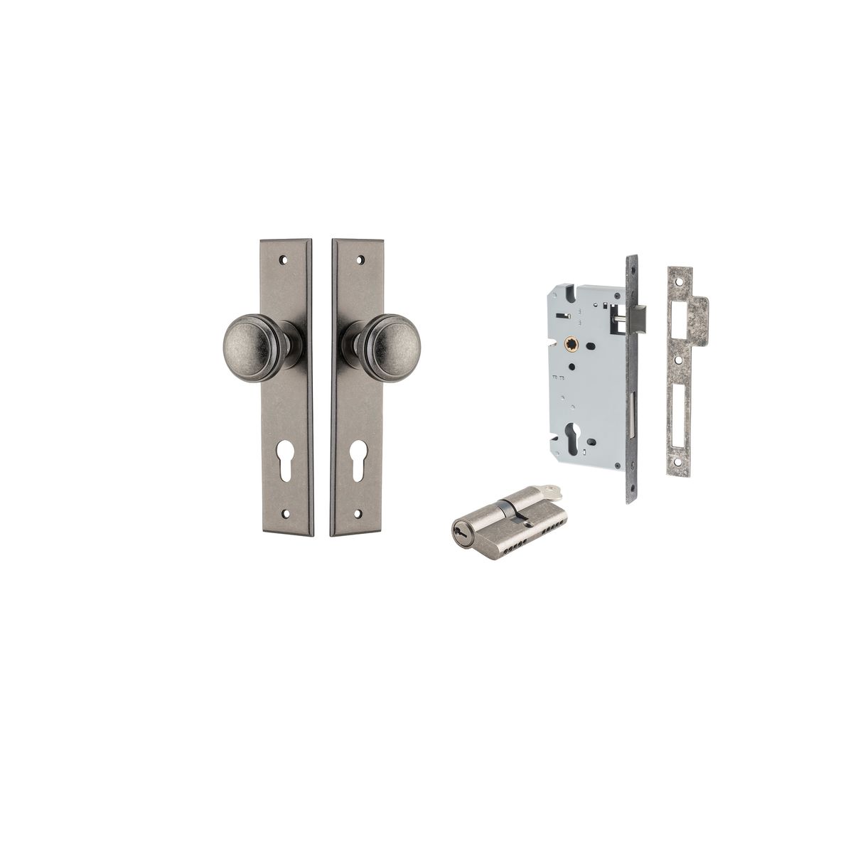 13831KENTR60KK - Paddington Knob - Chamfered Backplate Entrance Kit with High Security Lock - Distressed Nickel - Entrance