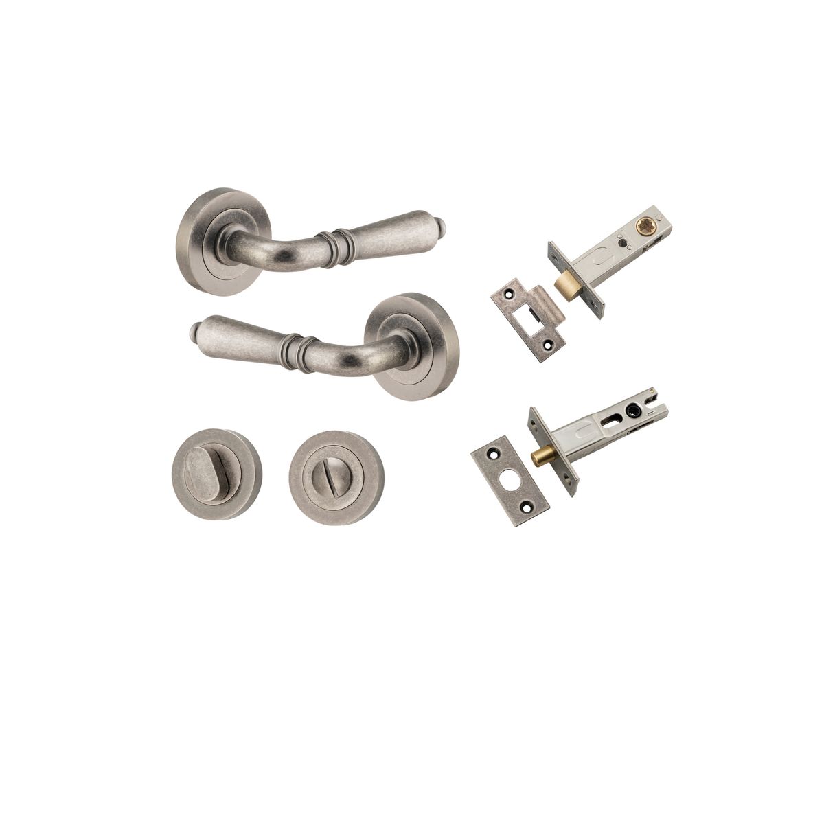 9207KPRIV60 - Sarlat Lever - Round Rose Privacy Kit with Separate Privacy Turn - Distressed Nickel - Privacy
