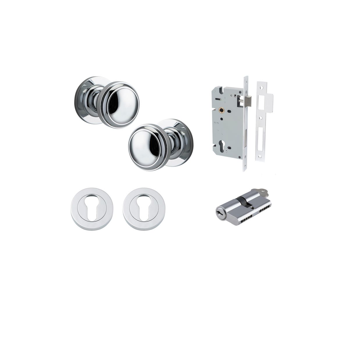 0214KENTR60KK - Paddington Knob - Round Rose Entrance Kit with Separate High Security Lock - Polished Chrome - Entrance