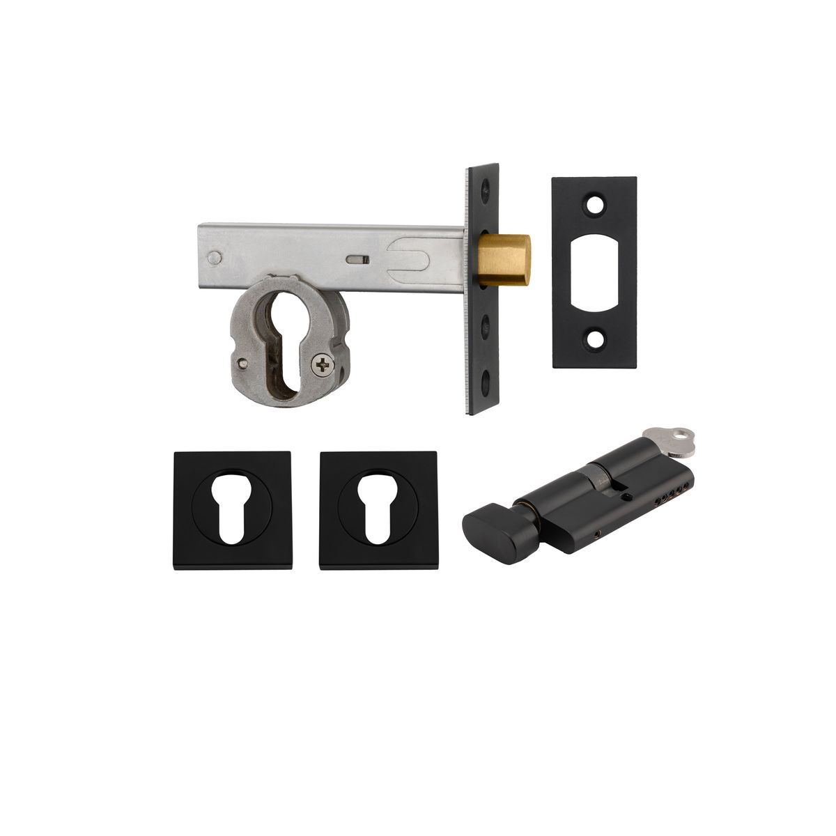 22152K60KTES - Euro Mortice Deadbolt Kit - 60mm Backset with Square Euro Escutcheon Key/Thumb - Matt Black - Entrance