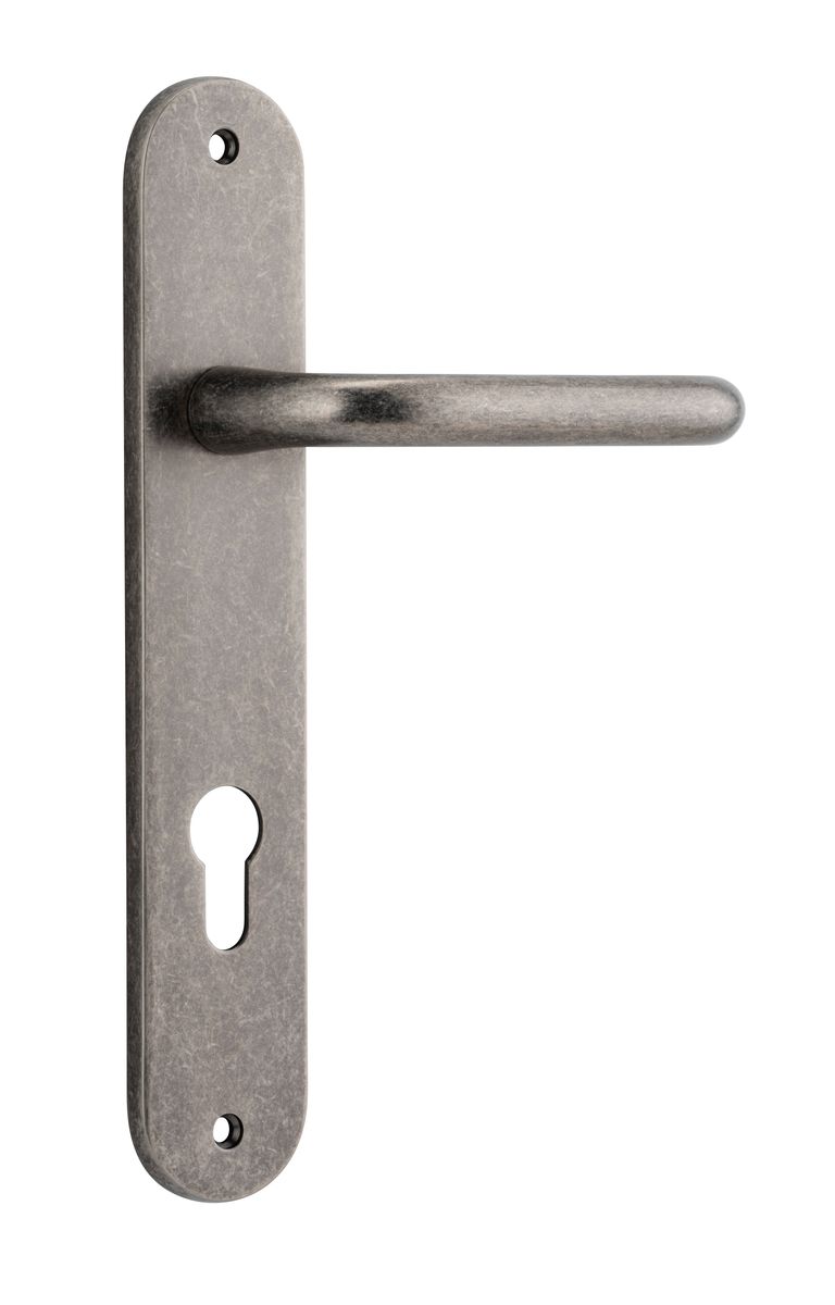13846E85 - Oslo Lever - Oval Backplate - Distressed Nickel - Entrance