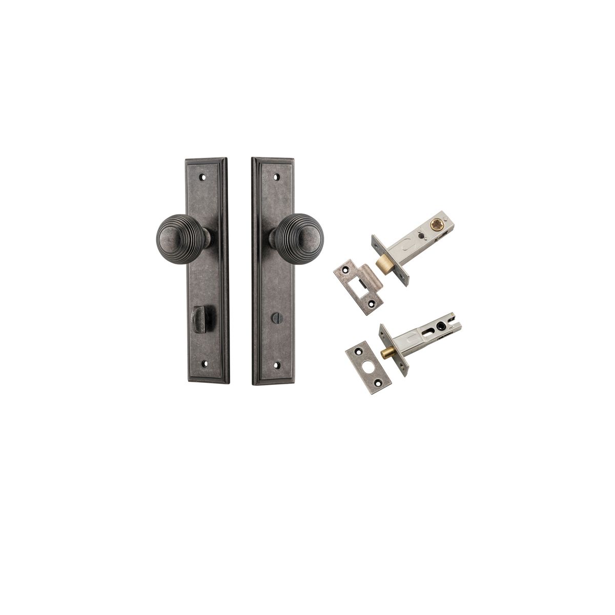 13842KPRIV60 - Guildford Knob - Stepped Backplate Privacy Kit with Privacy Turn - Distressed Nickel - Privacy