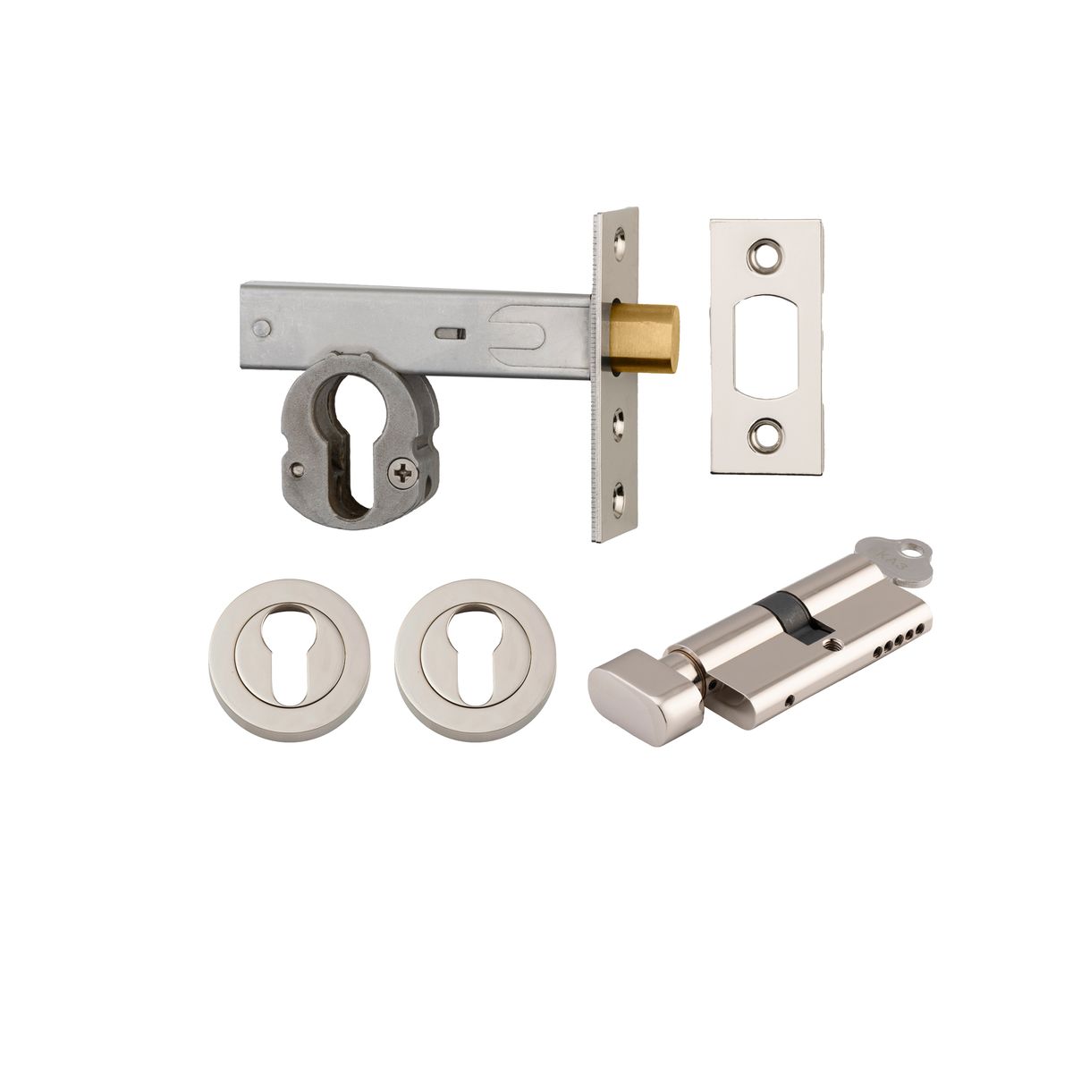22158K60KTER - Euro Mortice Deadbolt Kit - 60mm Backset with Round Euro Escutcheon Key/Thumb - Polished Nickel - Entrance