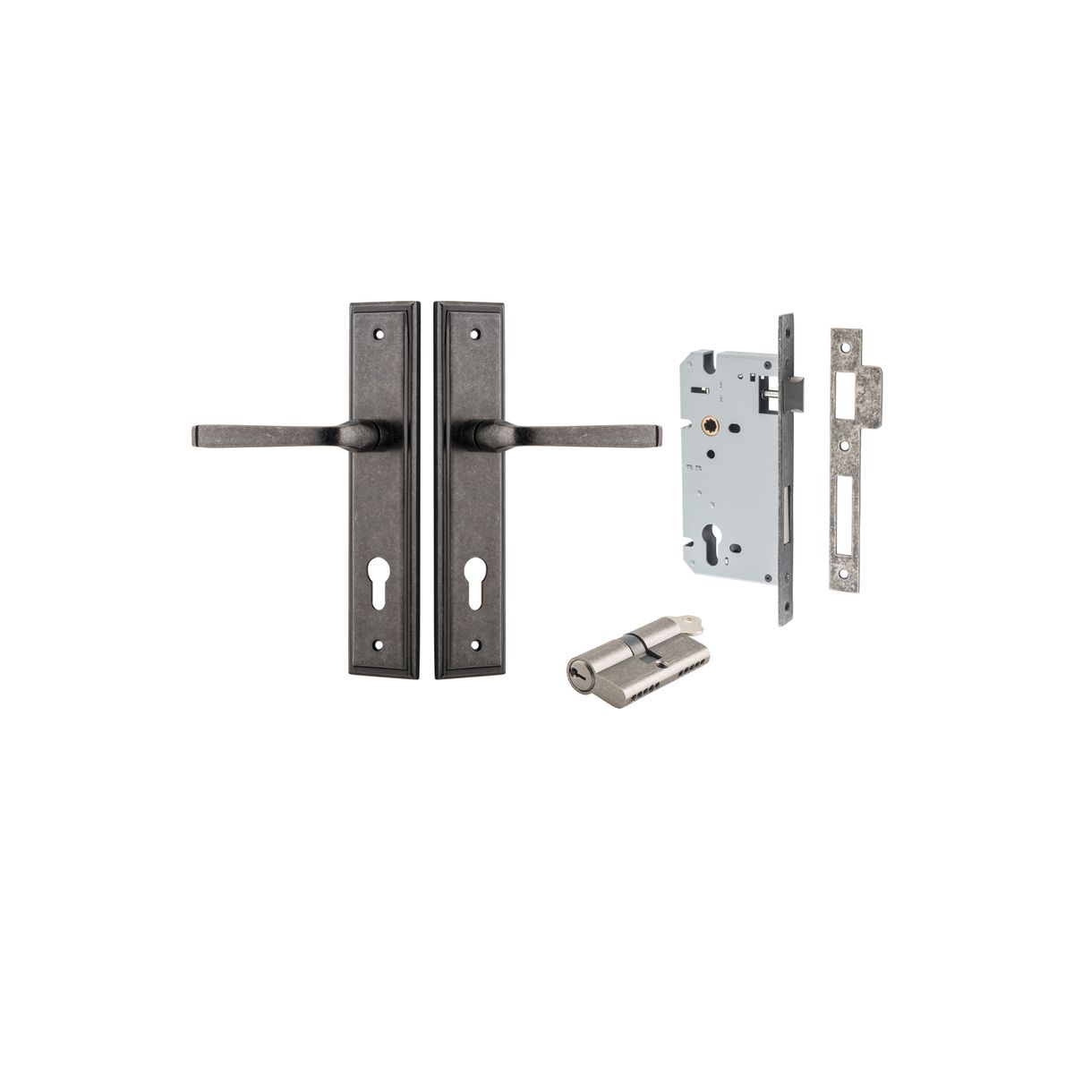 13744KENTR60KK - Annecy Lever - Stepped Backplate Entrance Kit with High Security Lock - Distressed Nickel - Entrance