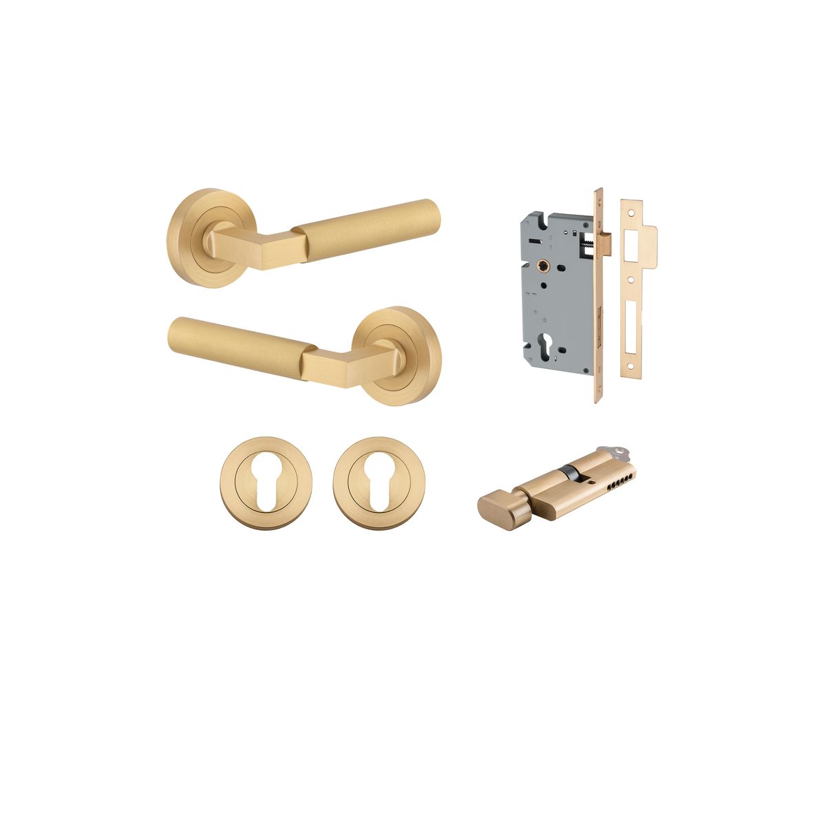 0453KENTR60KT - Berlin Lever - Round Rose Entrance Kit with High Security Lock - Brushed Brass - Entrance