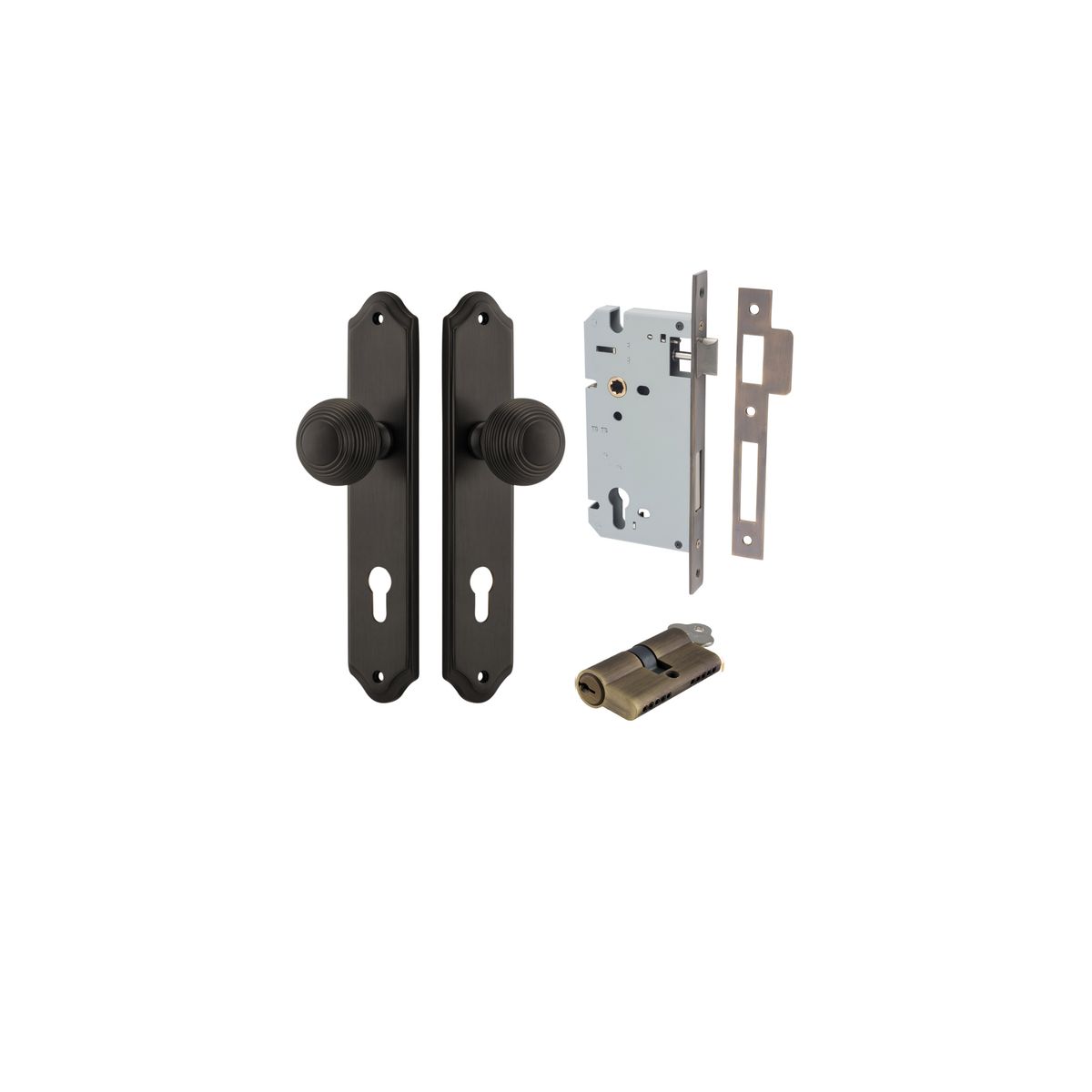 10830KENTR60KK - Guildford Knob - Shouldered Backplate Entrance Kit with High Security Lock - Signature Brass - Entrance