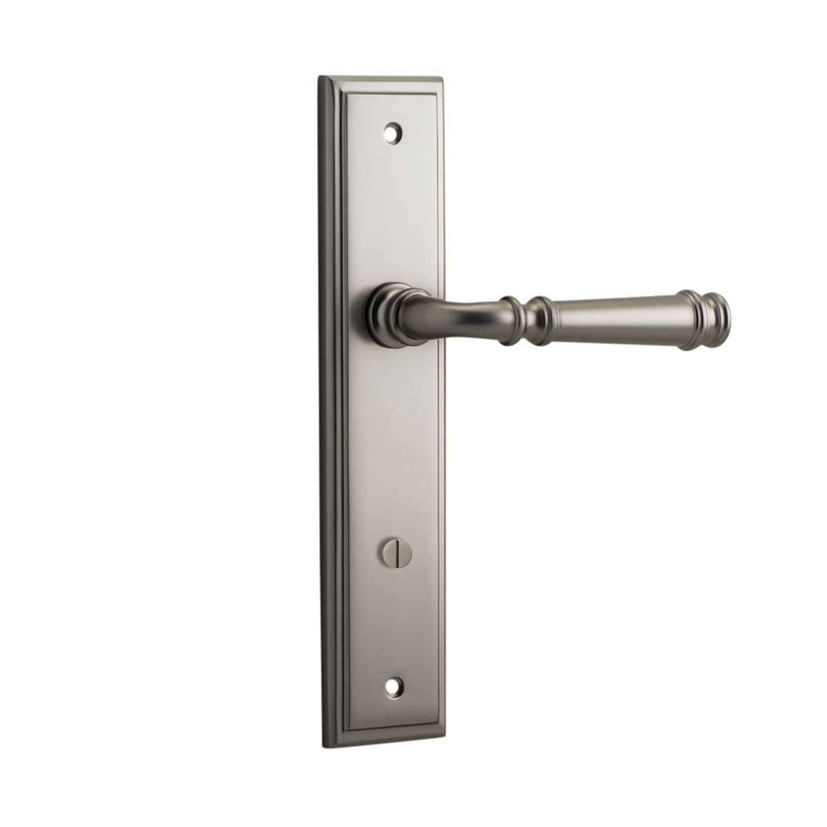 14742P85 - Verona Lever - Stepped Backplate - Satin Nickel - Privacy