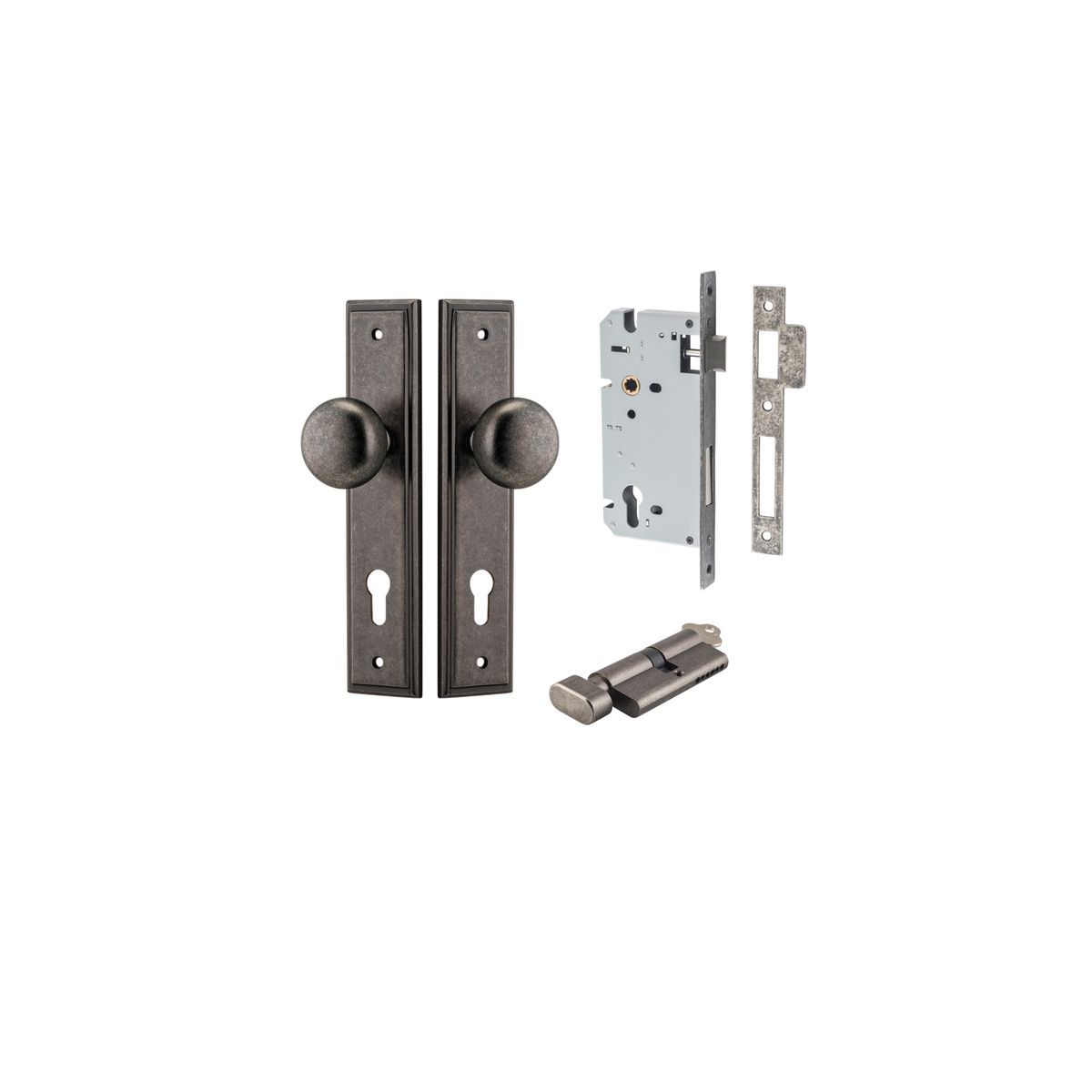 13840KENTR60KT - Cambridge Knob - Stepped Backplate Entrance Kit with High Security Lock - Distressed Nickel - Entrance