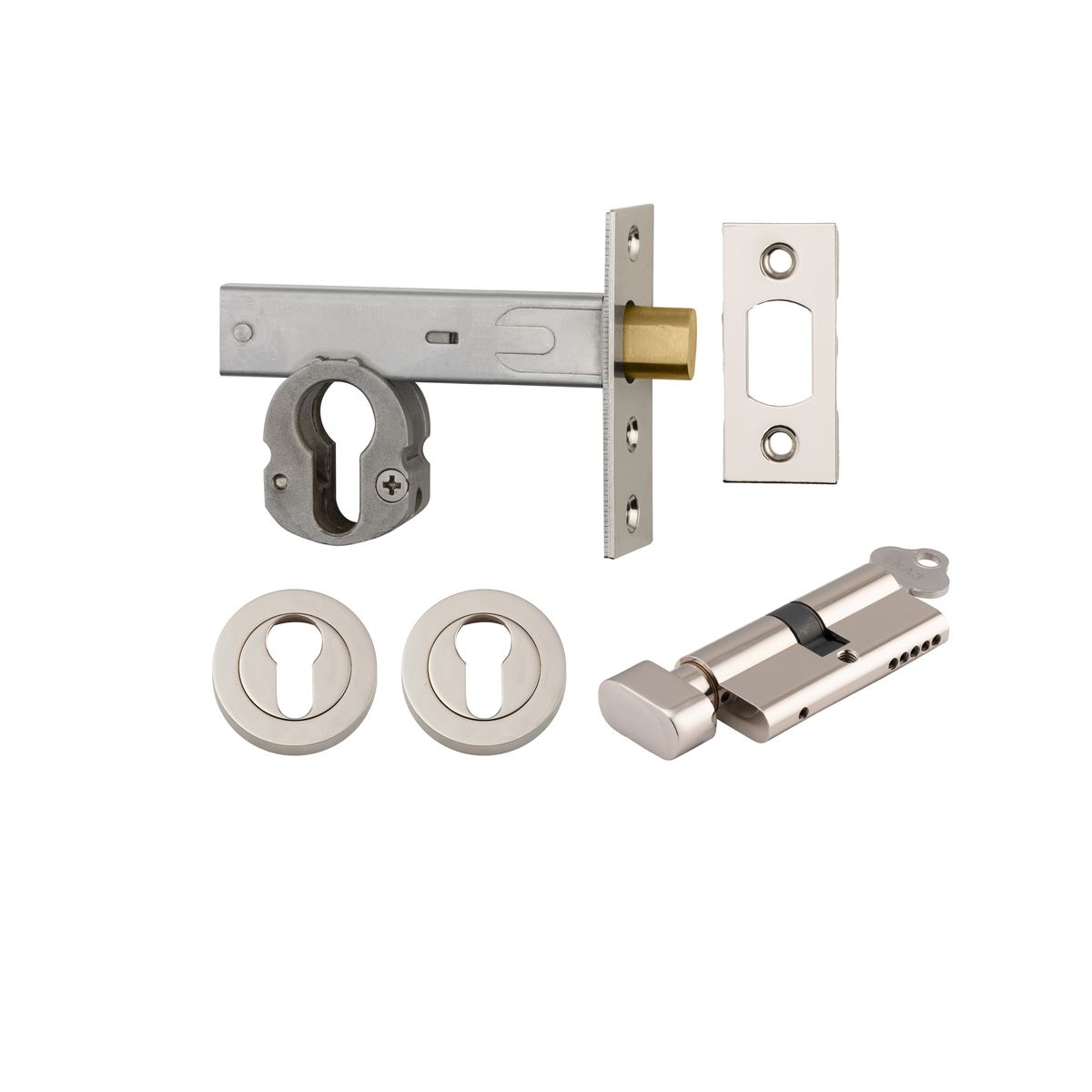 22558K70KTER - Euro Mortice Deadbolt Kit - 70mm Backset with Round Euro Escutcheon Key/Thumb - Polished Nickel - Entrance