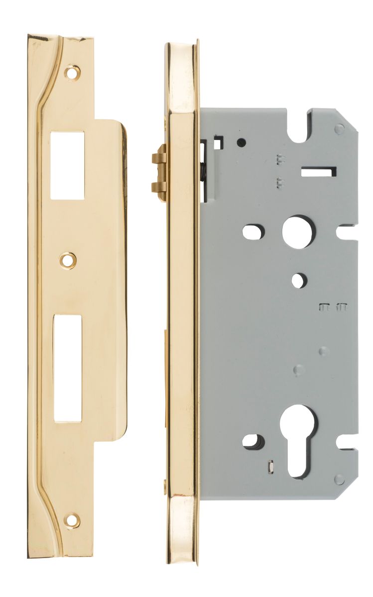 6033 - Rebated 85mm Euro Roller Mortice Locks - 60mm Backset - Polished Brass