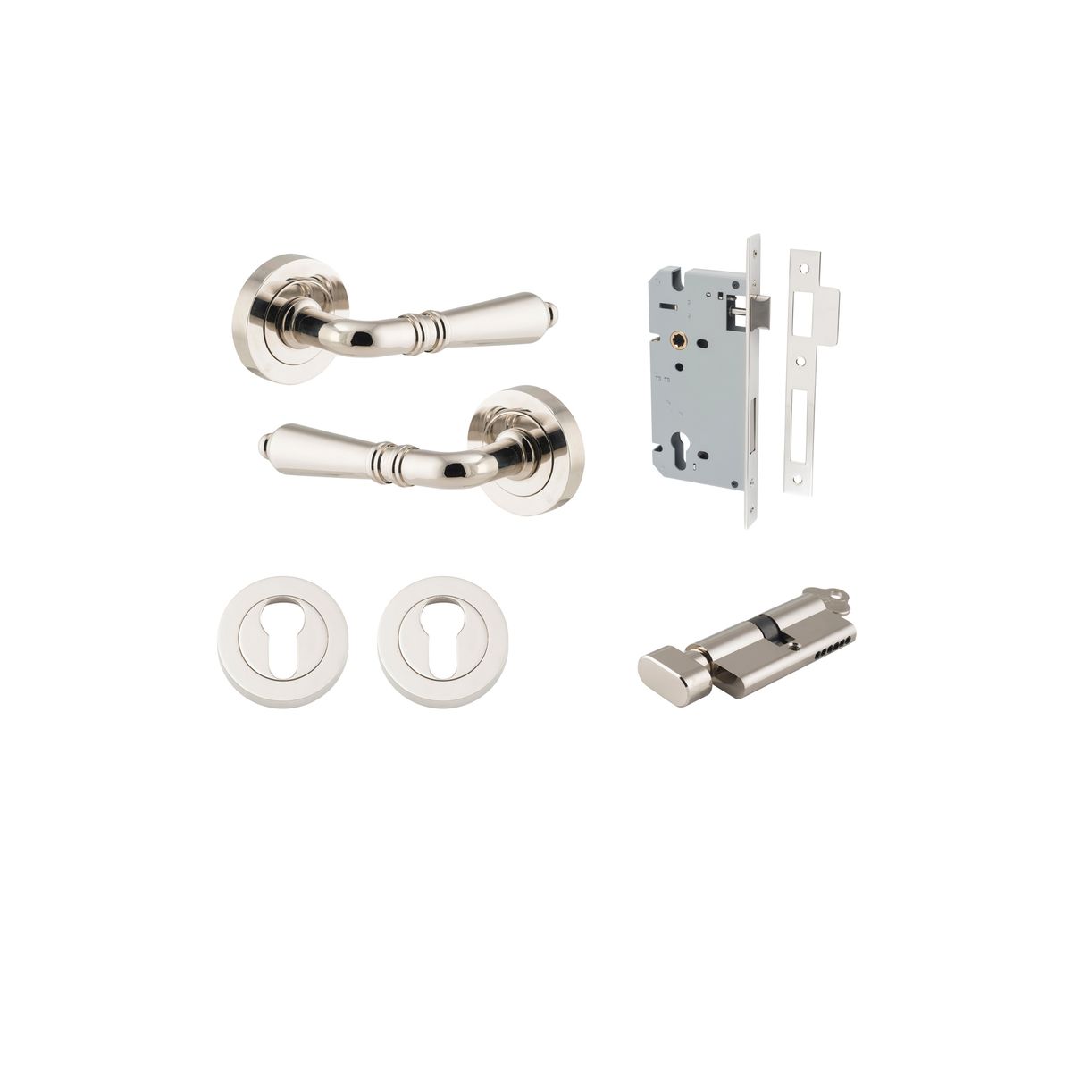 9208KENTR60KT - Sarlat Lever - Round Rose Entrance Kit with Separate High Security Lock - Polished Nickel - Entrance