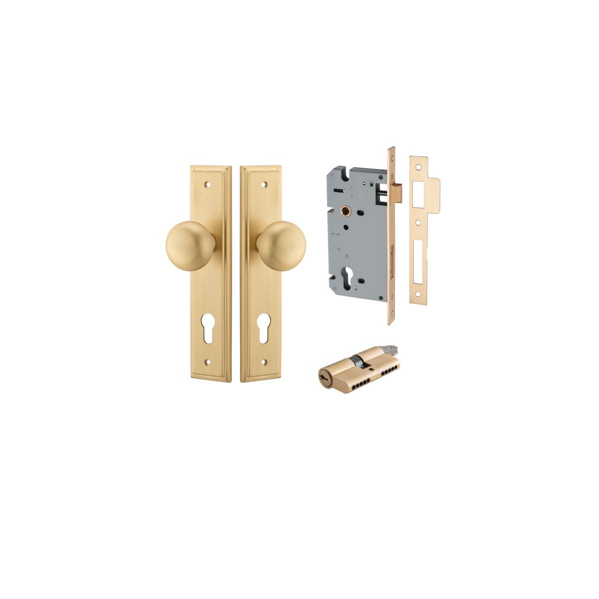 15340KENTR60KK - Cambridge Knob - Stepped Backplate Entrance Kit with High Security Lock - Brushed Brass - Entrance