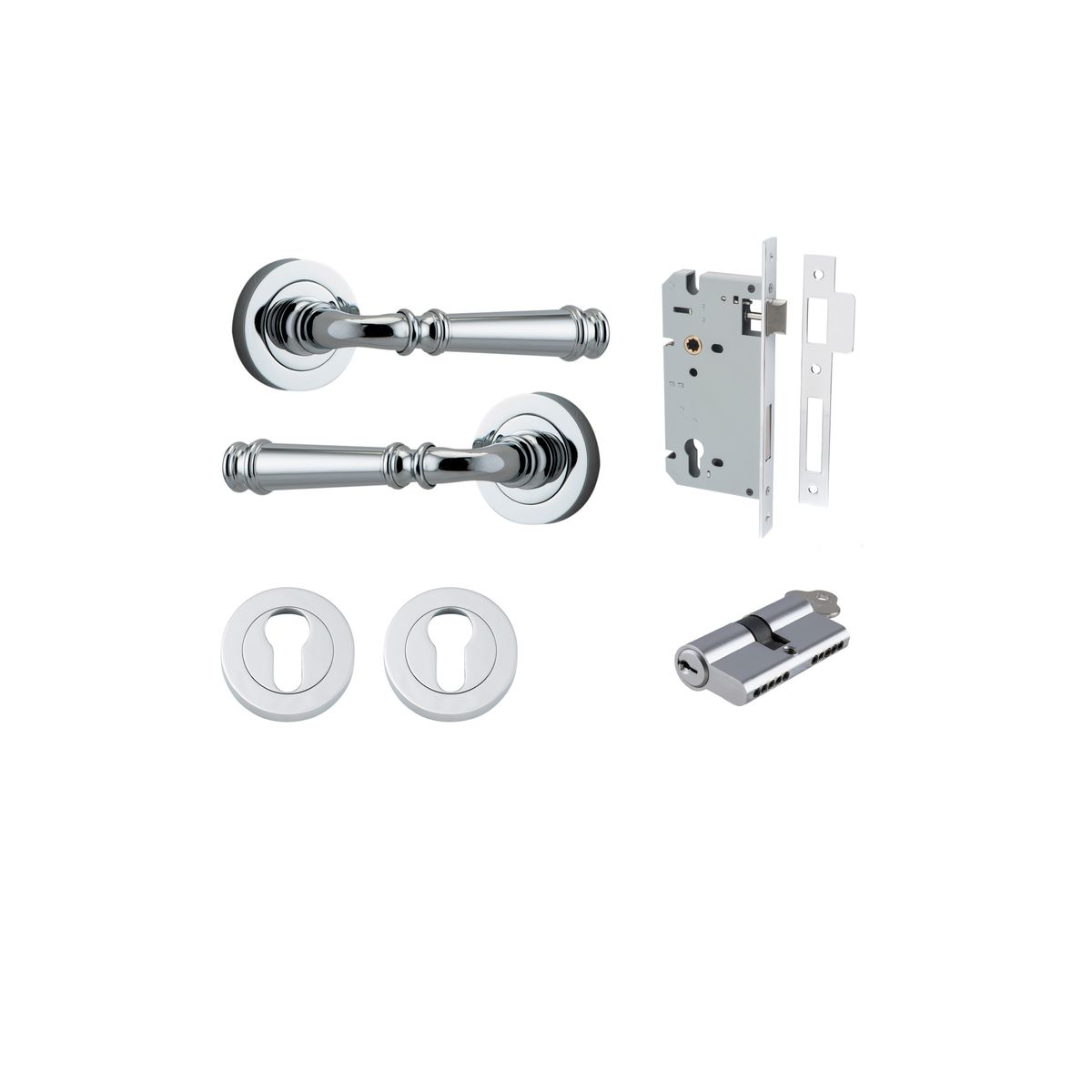 0314KENTR60KK - Verona Lever - Round Rose Entrance Kit with Separate High Security Lock - Polished Chrome - Entrance