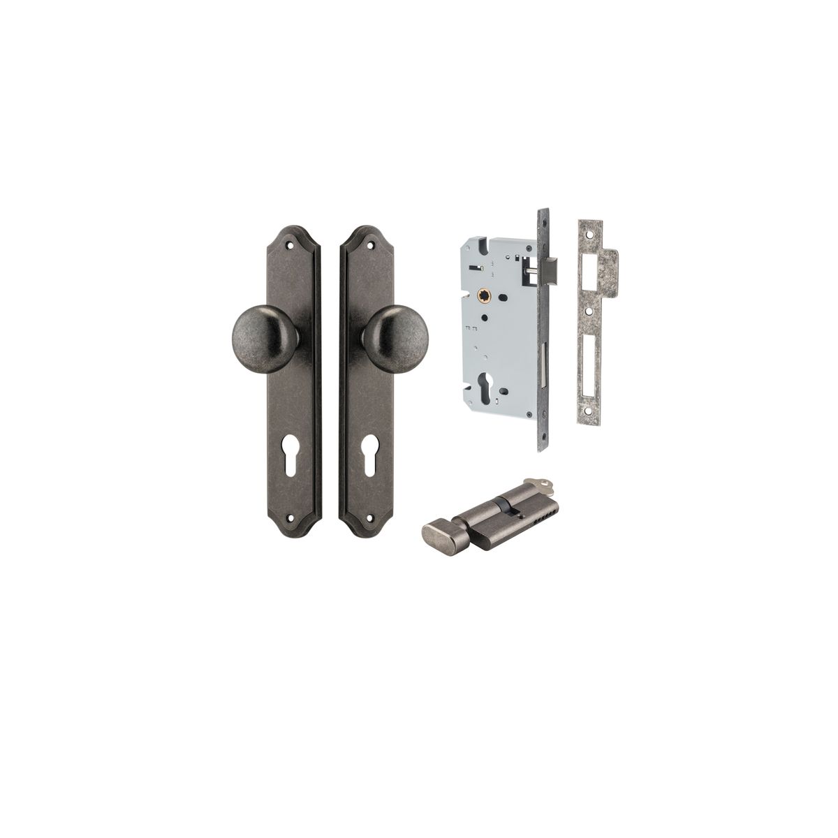 13828KENTR60KT - Cambridge Knob - Shouldered Backplate Entrance Kit with High Security Lock - Distressed Nickel - Entrance
