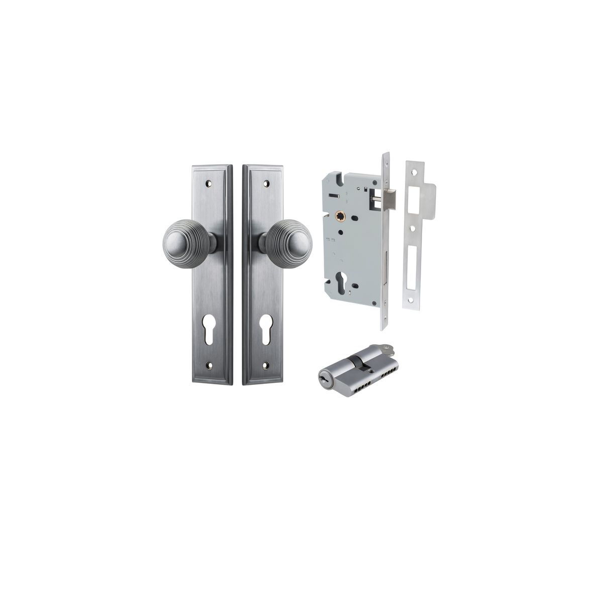 12342KENTR60KK - Guildford Knob - Stepped Backplate Entrance Kit with High Security Lock - Brushed Chrome - Entrance