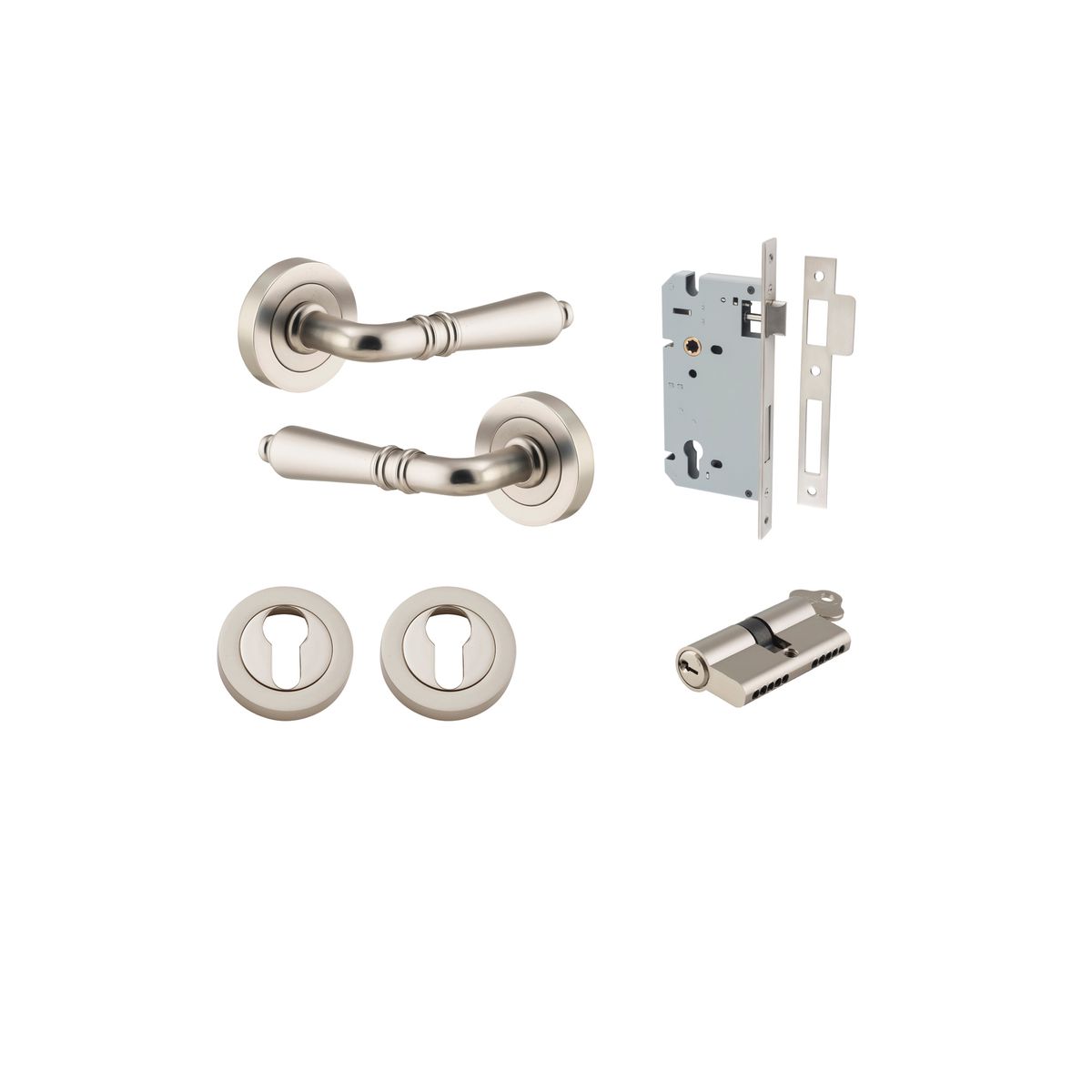 9209KENTR60KK - Sarlat Lever - Round Rose Entrance Kit with Separate High Security Lock - Satin Nickel - Entrance